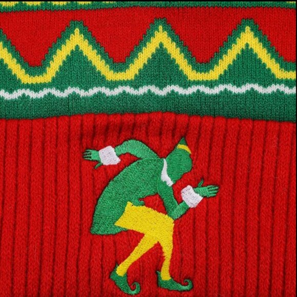 Buddy thge Elf Santa's Coming Red & Green Pom Pom Beanie Hat - Picture 2 of 6
